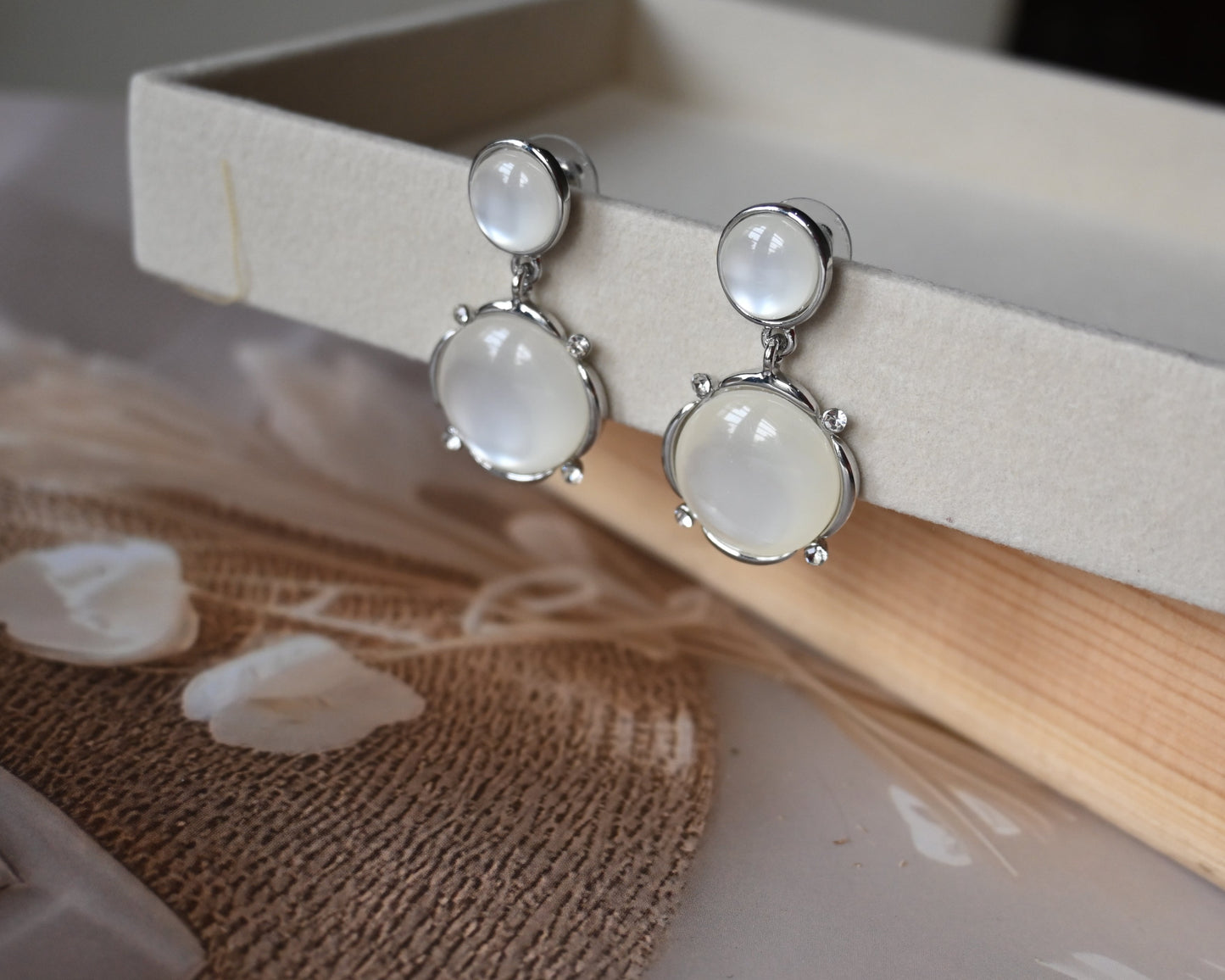 Pair of mother of pearl anti- tarnish earrings with round white stones 
